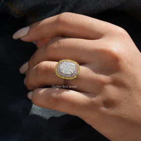 Close-Up View of Moissanite Old Mine Cushion Cut Ring In Yellow Gold 