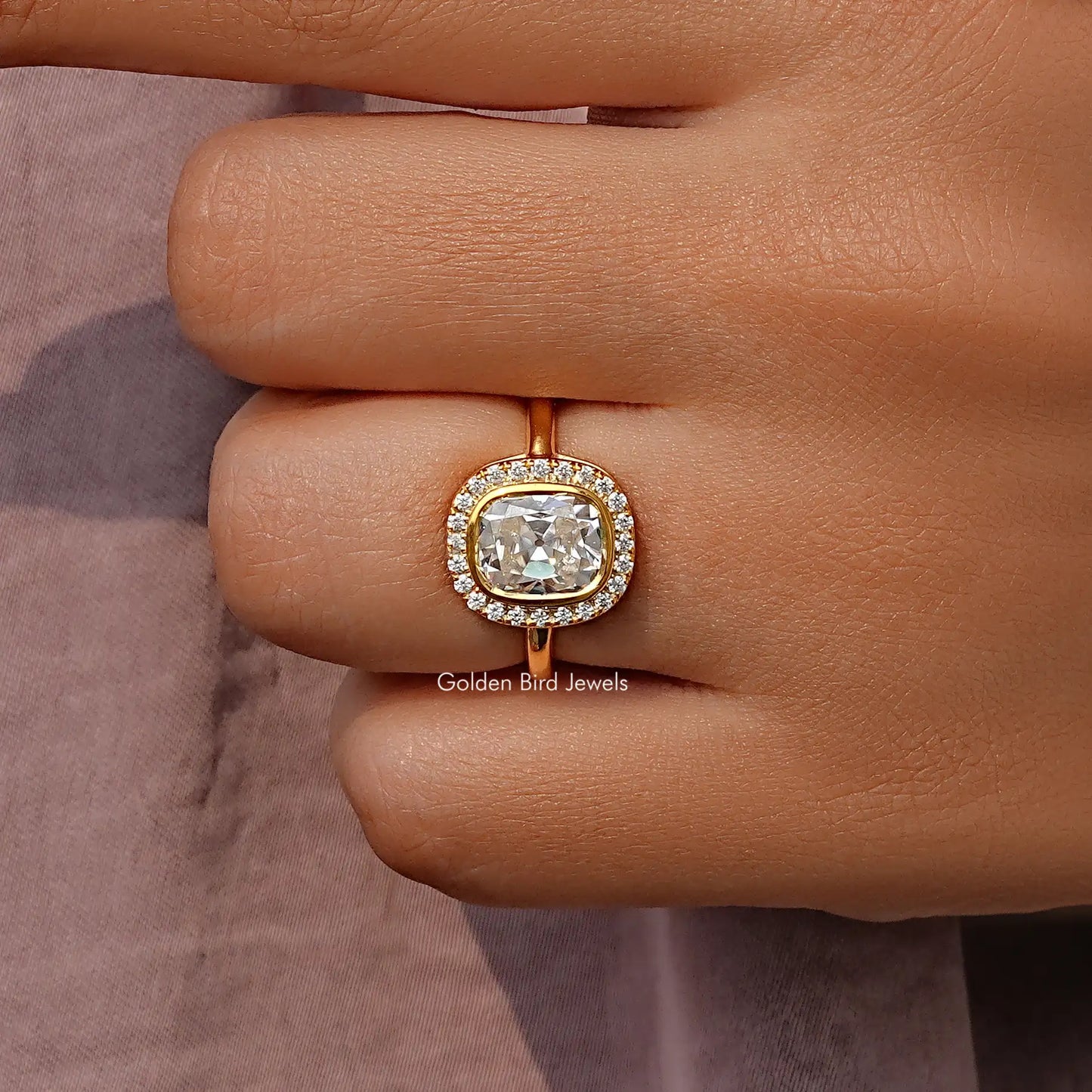 Cushion Old Mine Cut Halo Moissanite Set Ring