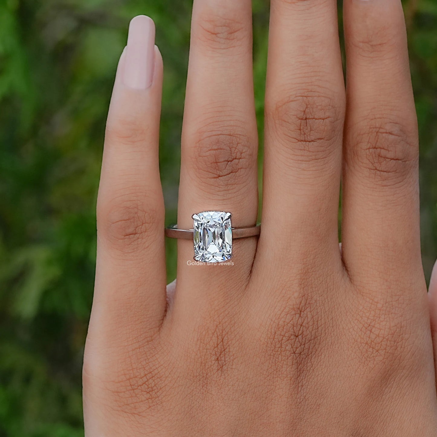 View of Old Mine Cushion Shaped Hidden Halo Diamond Ring In White Gold