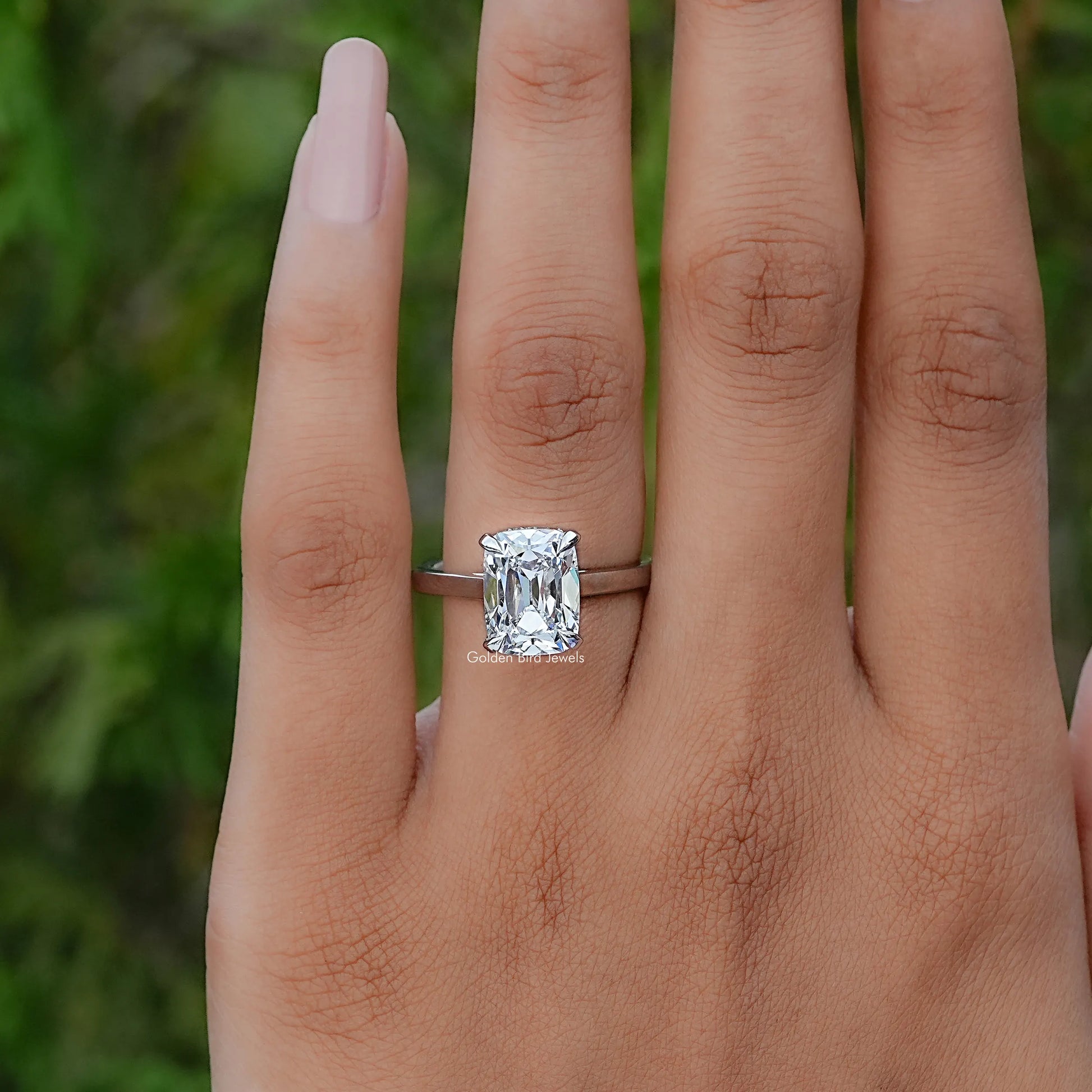 View of Old Mine Cushion Shaped Hidden Halo Diamond Ring In White Gold