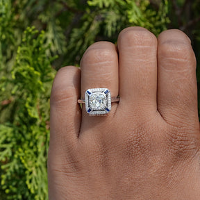 Close-Up View of Cushion Cut Moissanite Engagement Ring In White Gold 