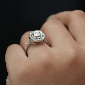 [Bezel Setting Old Mine Cushion Cut Halo Ring]-[Golden Bird Jewels]