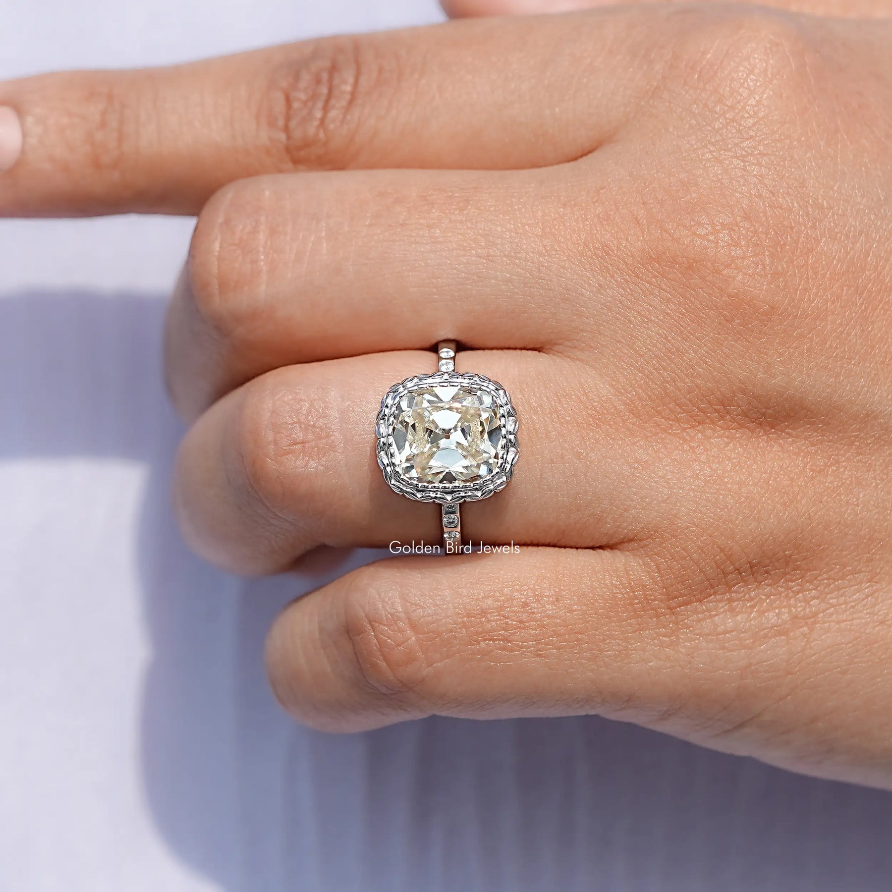 Off White Old Mine Cushion Cut Moissanite Ring