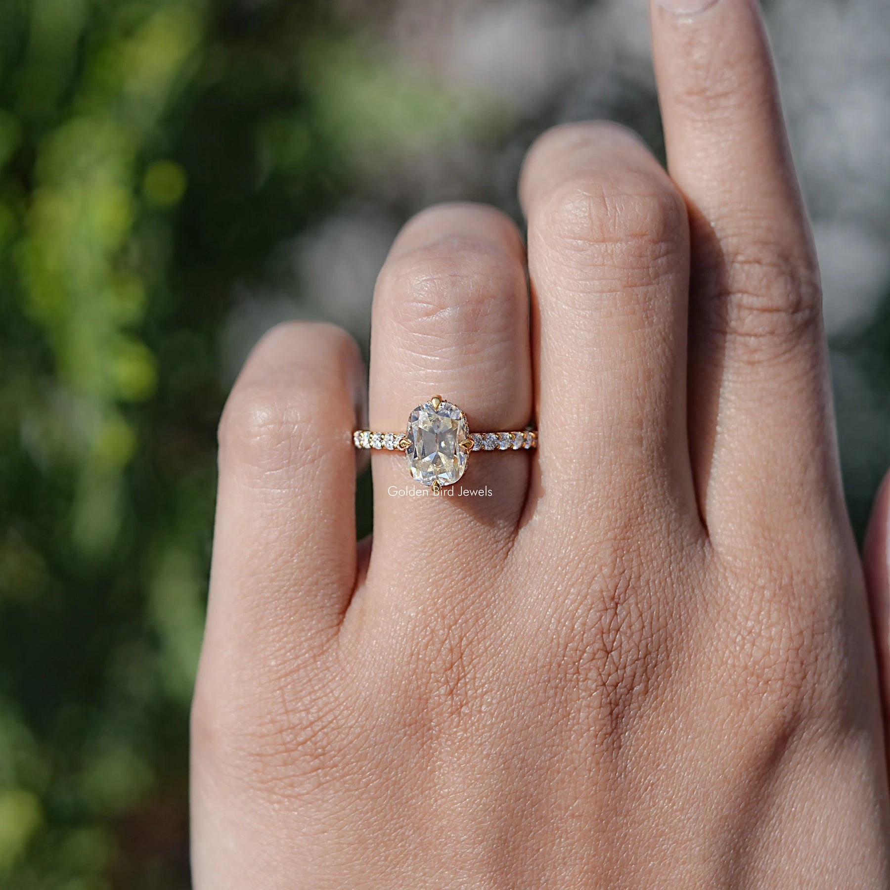 Old Mine Cushion Moissanite Accent Stone Ring