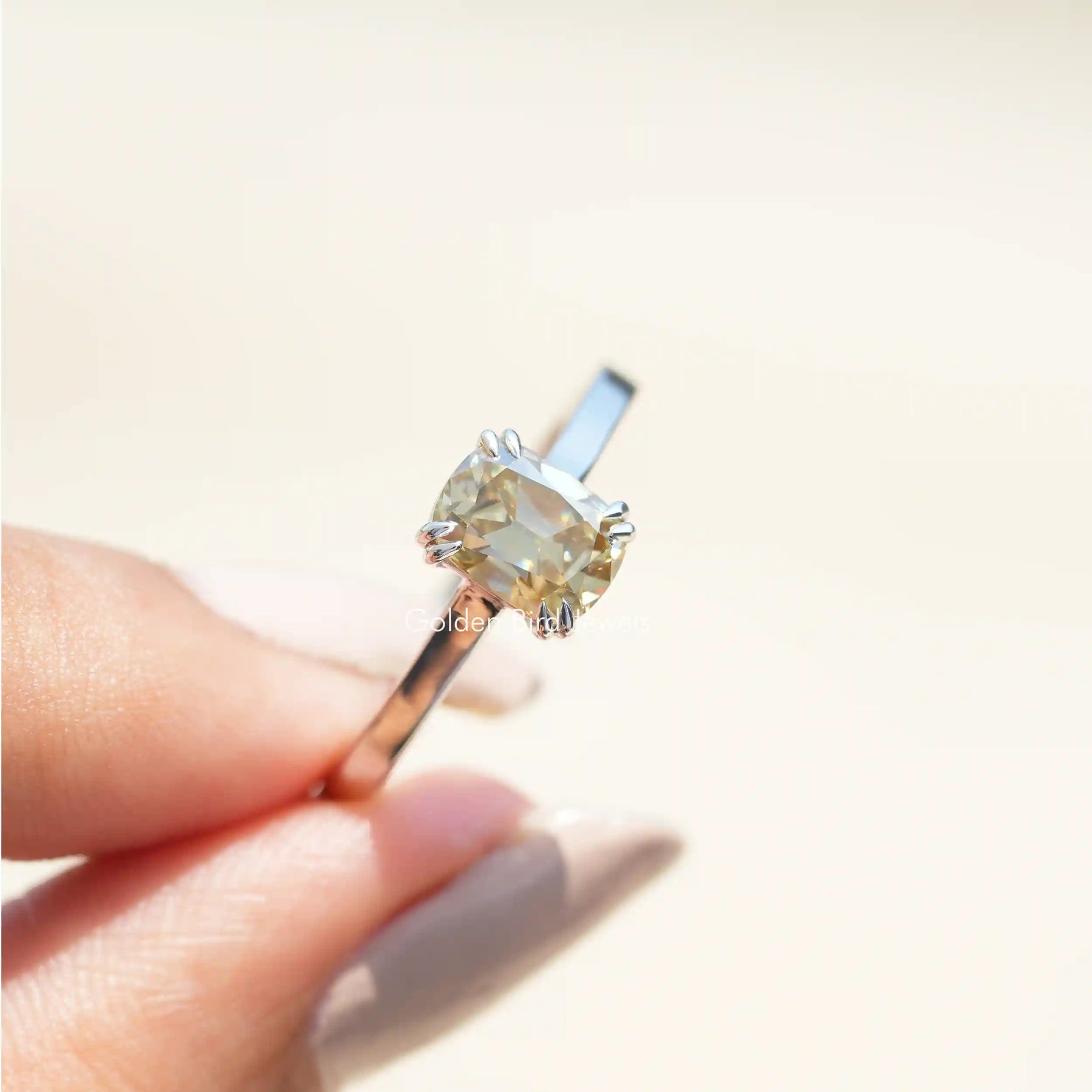 [Yellow Cushion Cut Moissanite Solitaire Ring]-[Golden Bird Jewels]