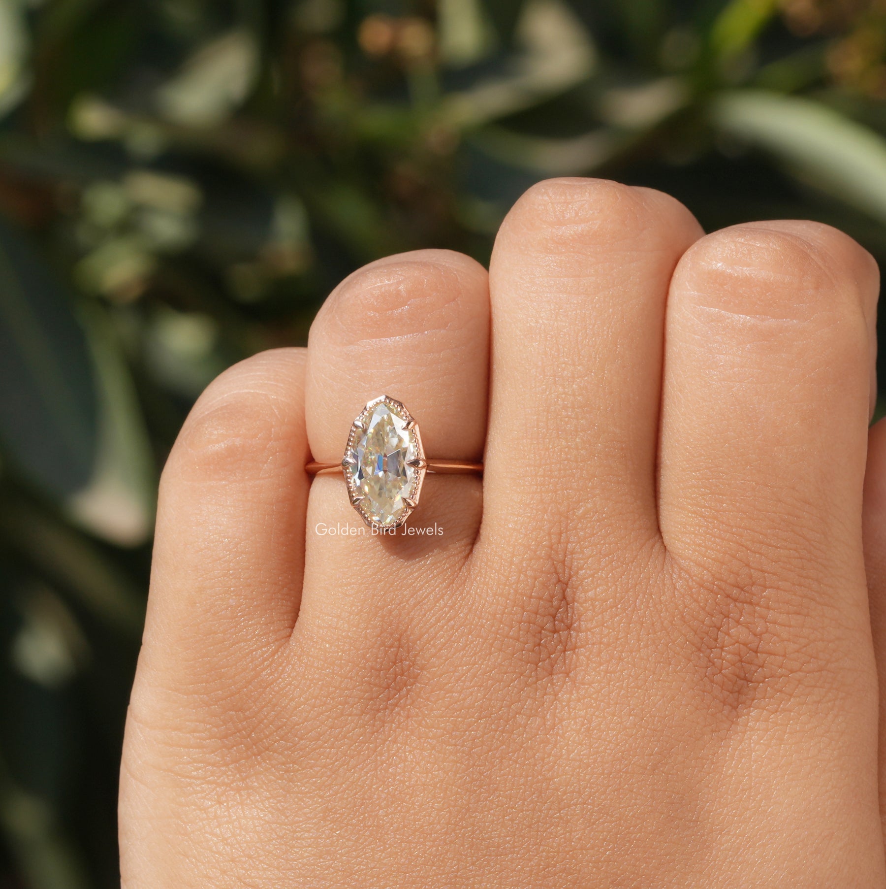 View of Moval Cut Moissanite Solitaire Ring In finger