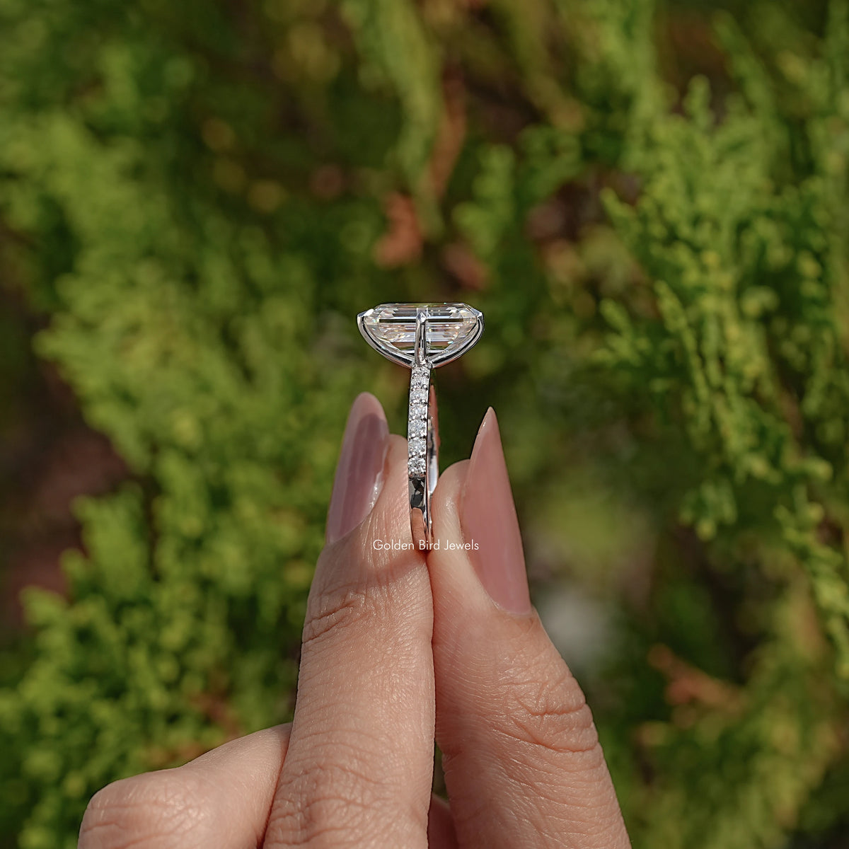 Old Mine Emerald Cut Moissanite Accent Ring