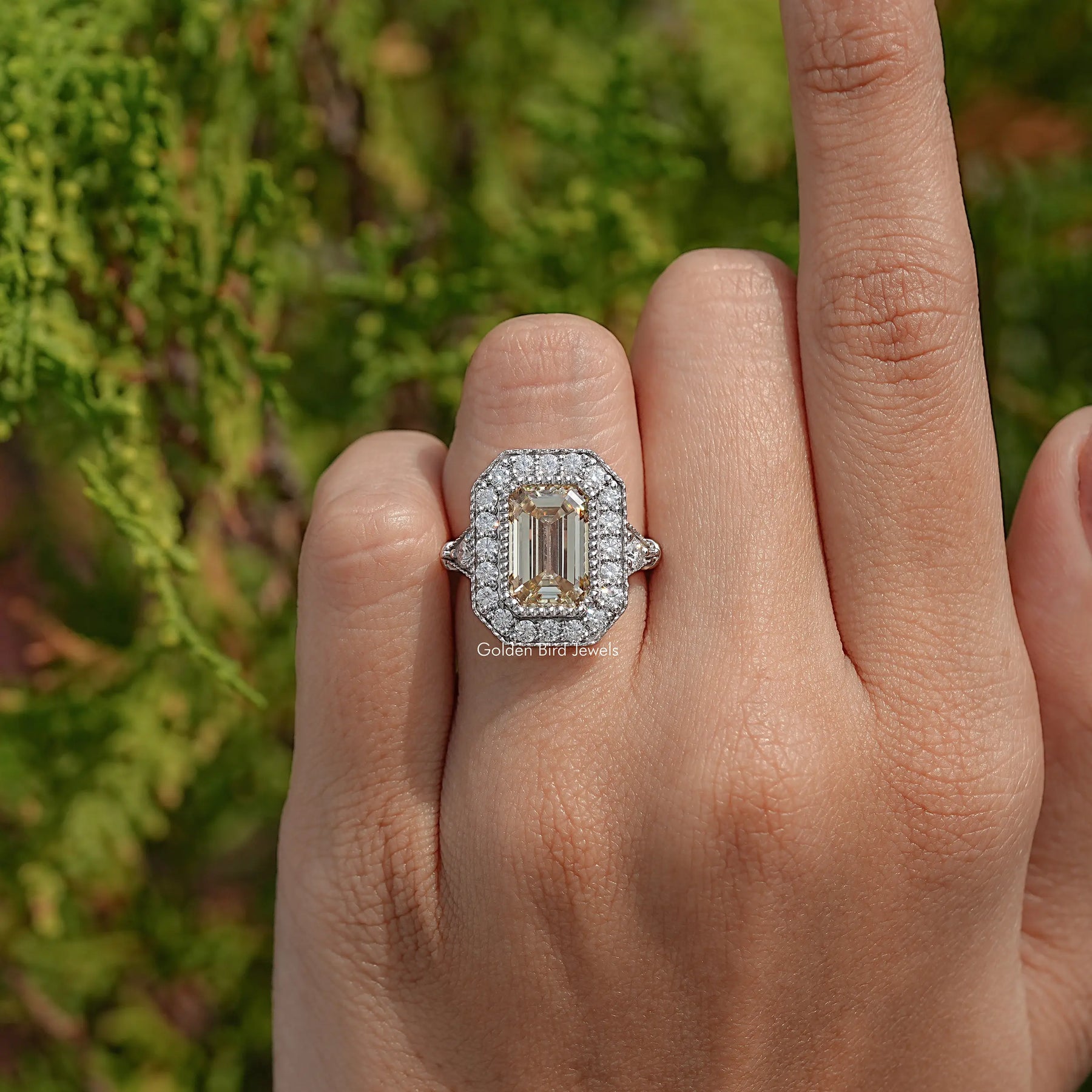 Old Mine Emerald Cut Moissanite Engagement Ring
