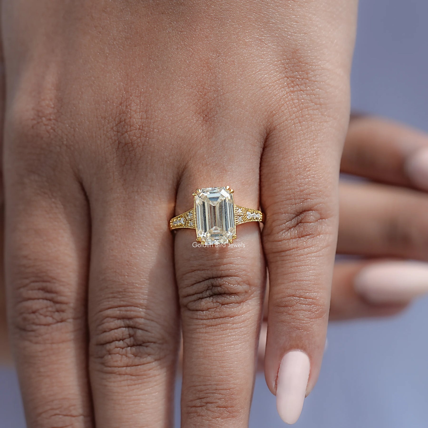 Old Mine Emerald Cut Moissanite Accent Stone Ring