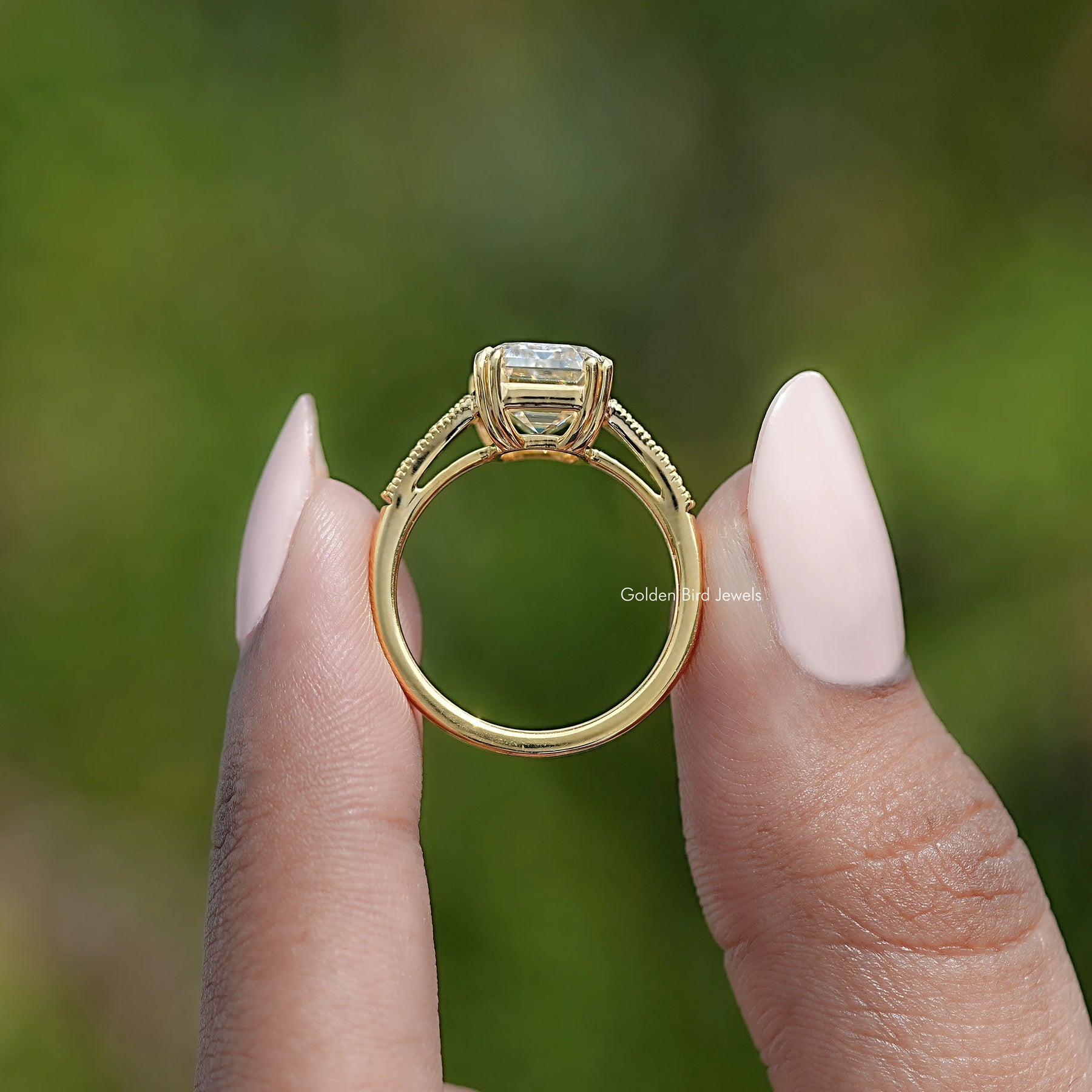 Old Mine Emerald Cut Moissanite Accent Stone Ring