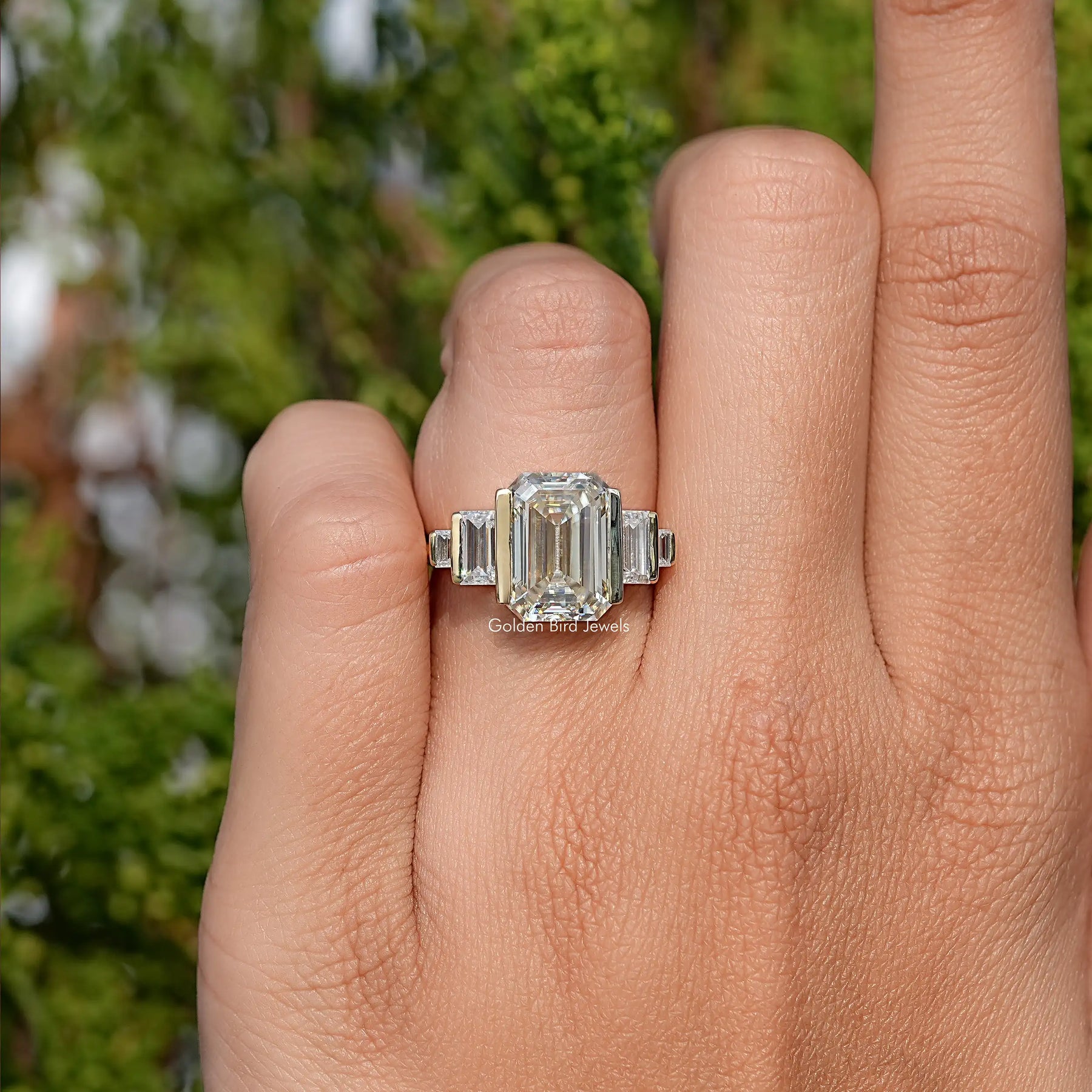 Old Mine Emerald Moissanite Five Stone Ring