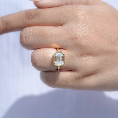 Top View Of East West Old Mine Moissanite Emerald Cut Ring