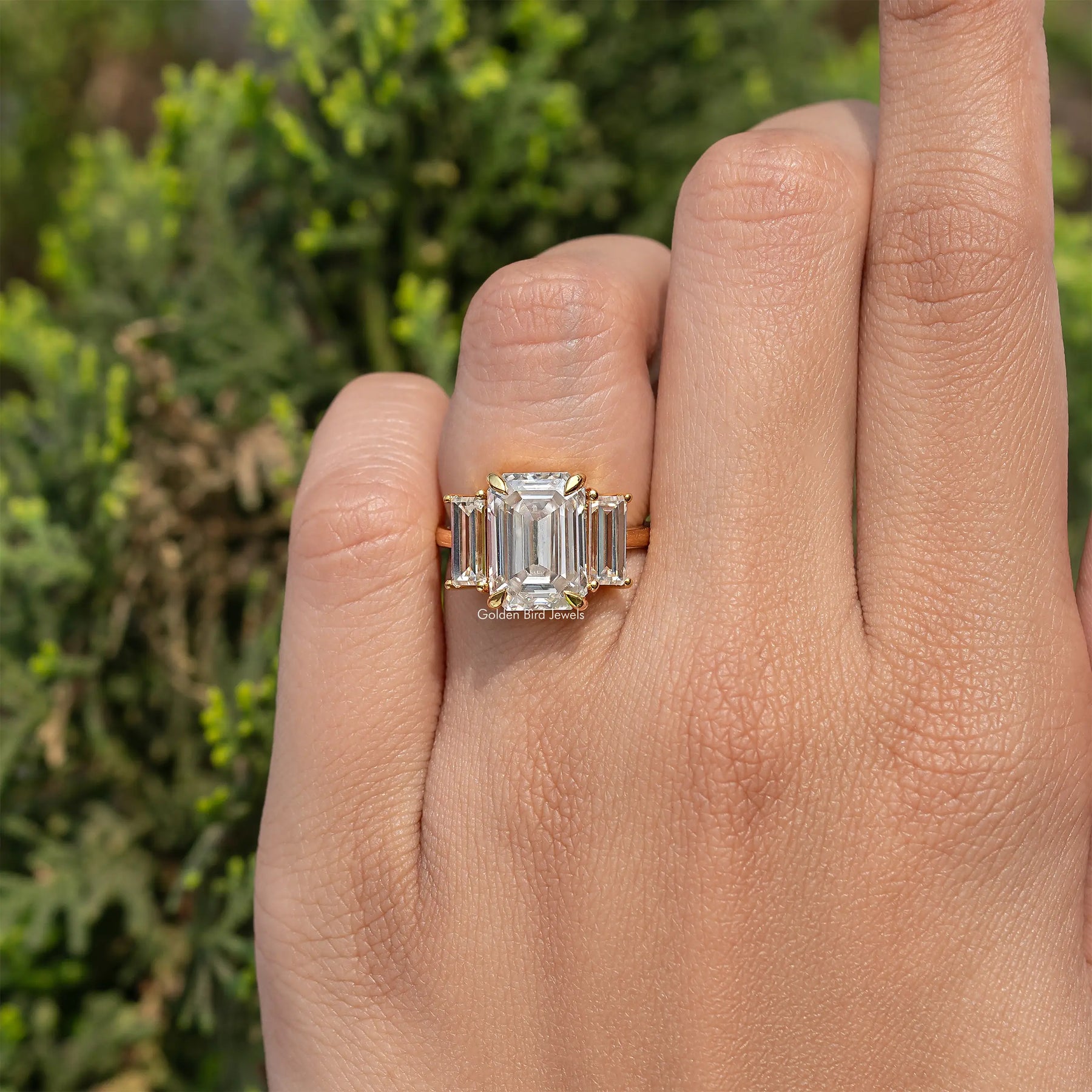Three Stone Old Mine Emerald Cut Moissanite Engagement Ring