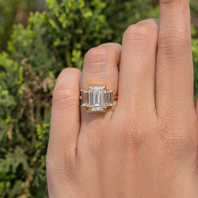Three Stone Old Mine Emerald Cut Moissanite Engagement Ring