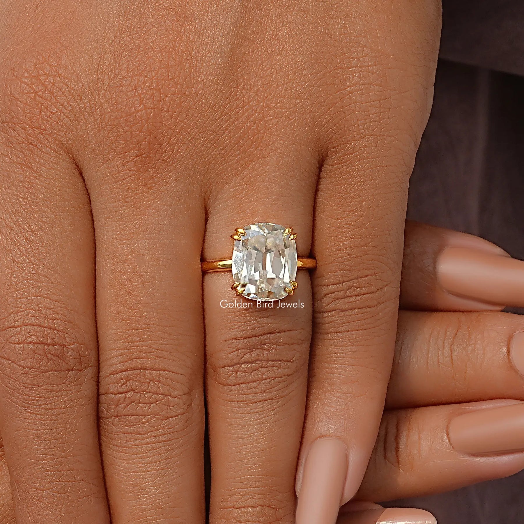 Elongated Old Mine Cut Cushion Solitaire Moissanite Ring