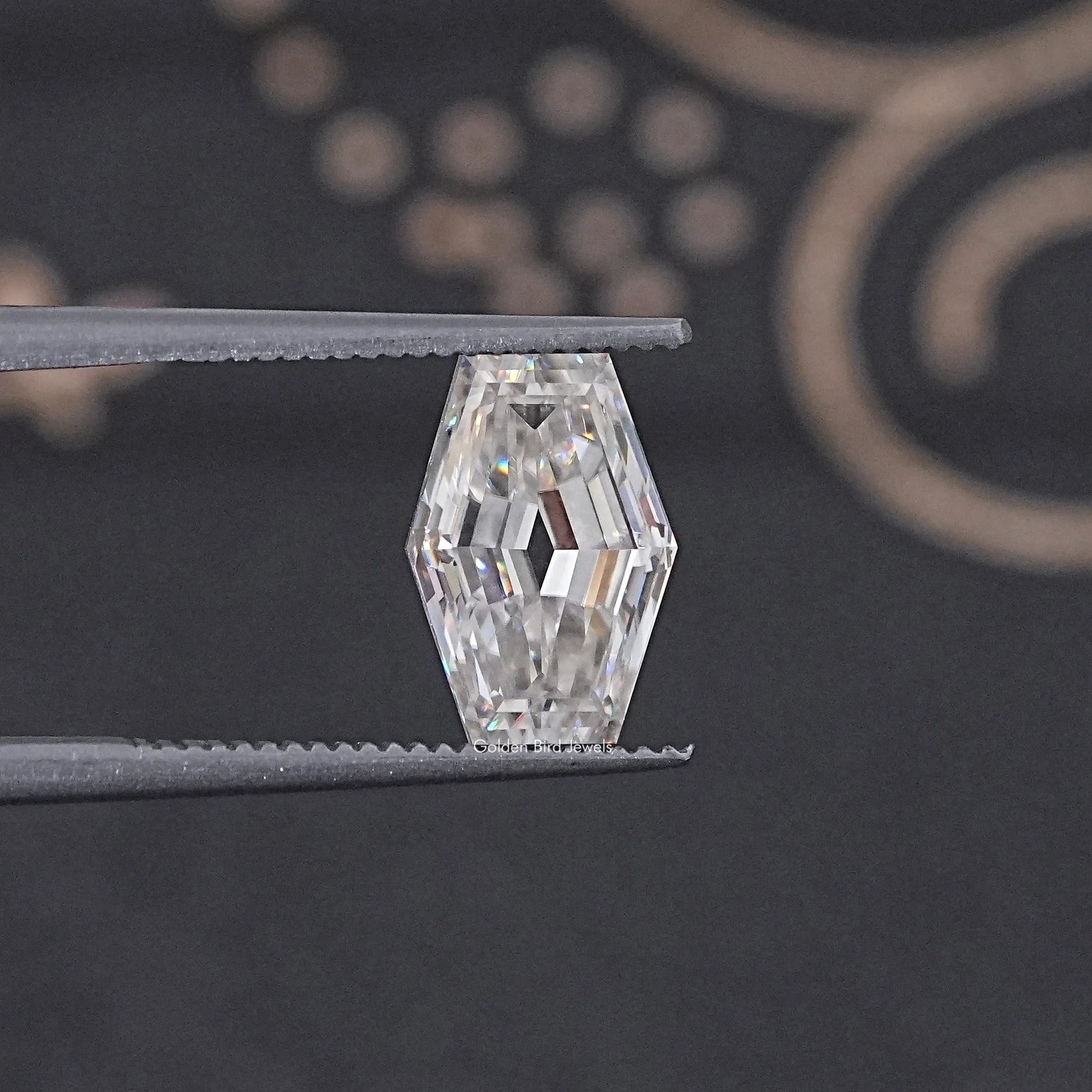 In Tweezer View Of Old Mine Lozenge Cut Loose Moissanite Stone