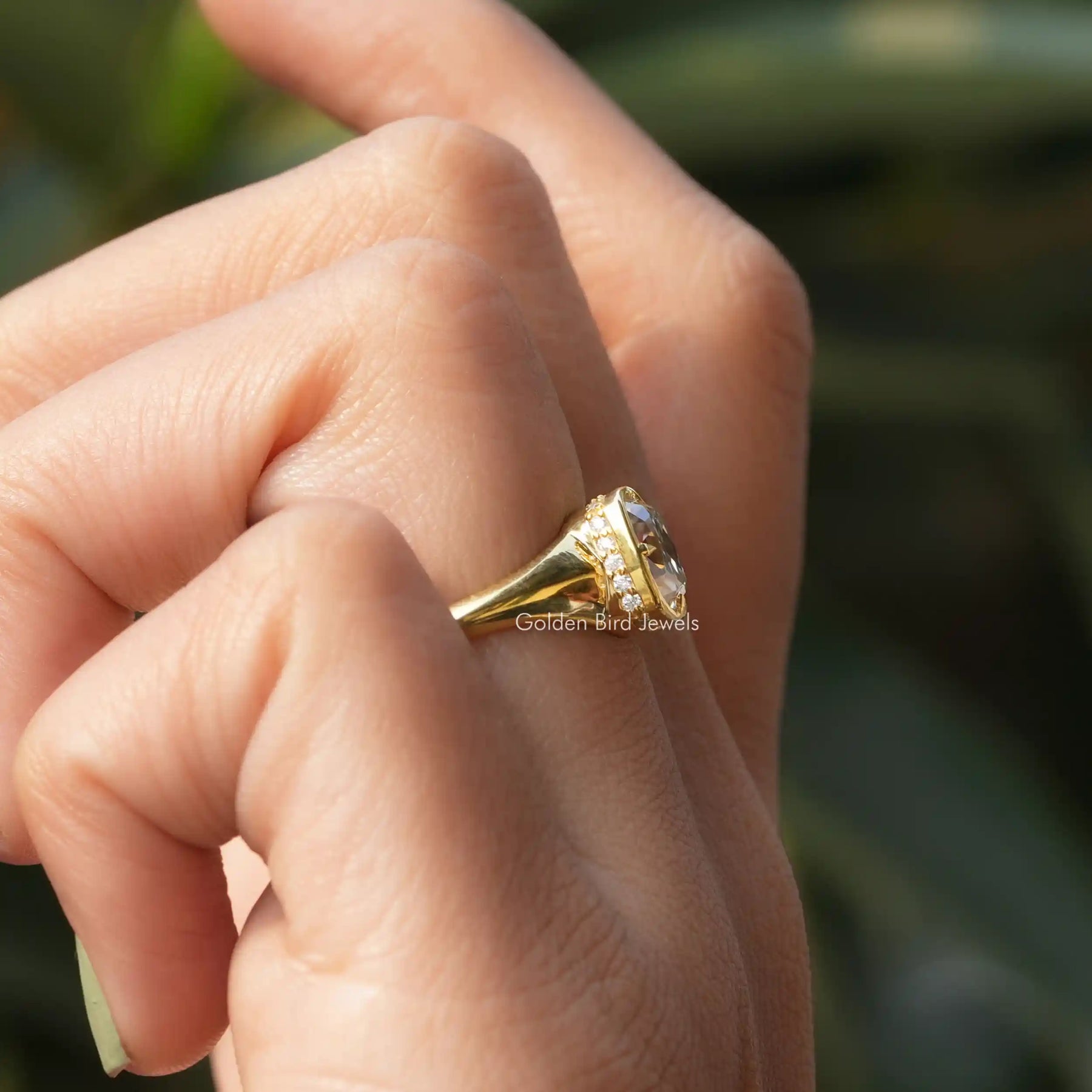 View of Cushion Cut Moissanite Solitaire Ring In Yellow Gold