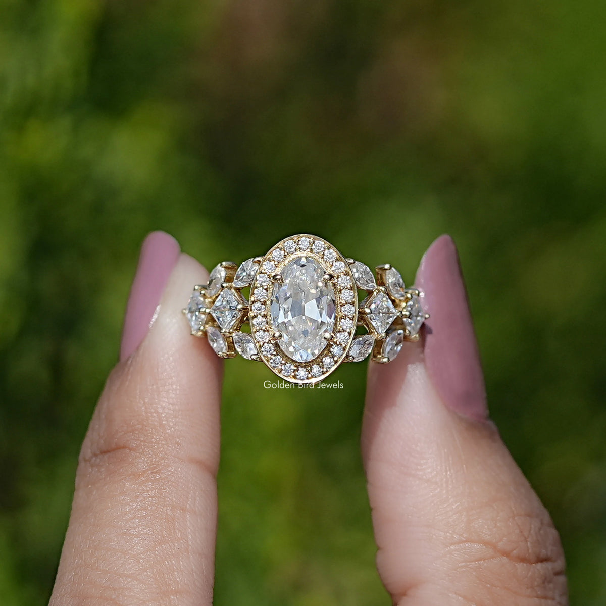 Front View of Old Mine Moissanite Halo Cluster Engagement Ring In two Fingers