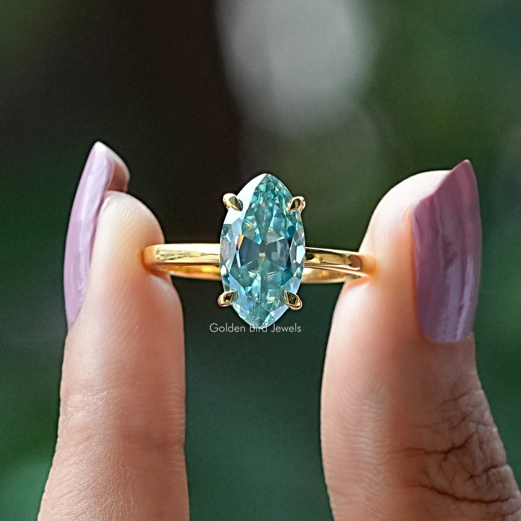 [Cyan Blue Old Mine Moval Cut Moissanite Ring]-[Golden Bird Jewels]