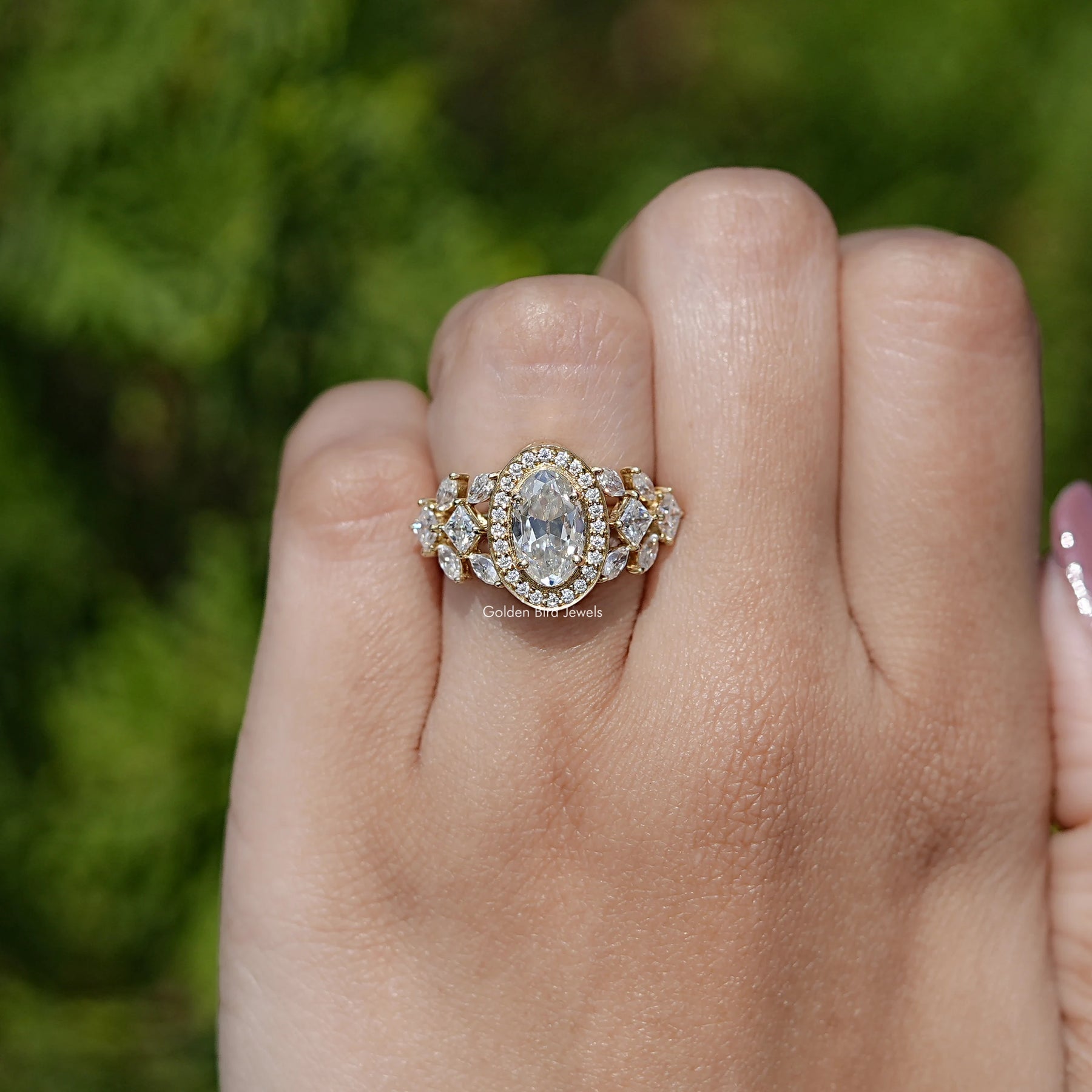 Old Mine Moval Cut Moissanite Halo Cluster Engagement Ring