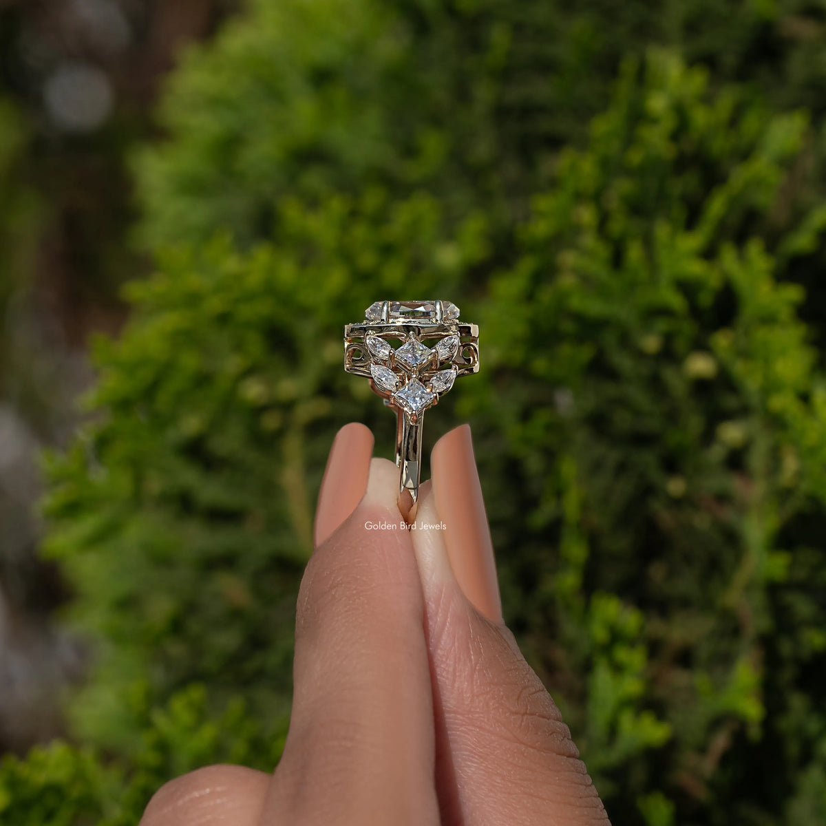 Old Mine Moval Cut Moissanite Halo Cluster Engagement Ring