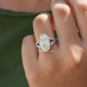 [In finger front view of oval cut engagement ring made of 14k white gold]-[Golden Bird Jewels]