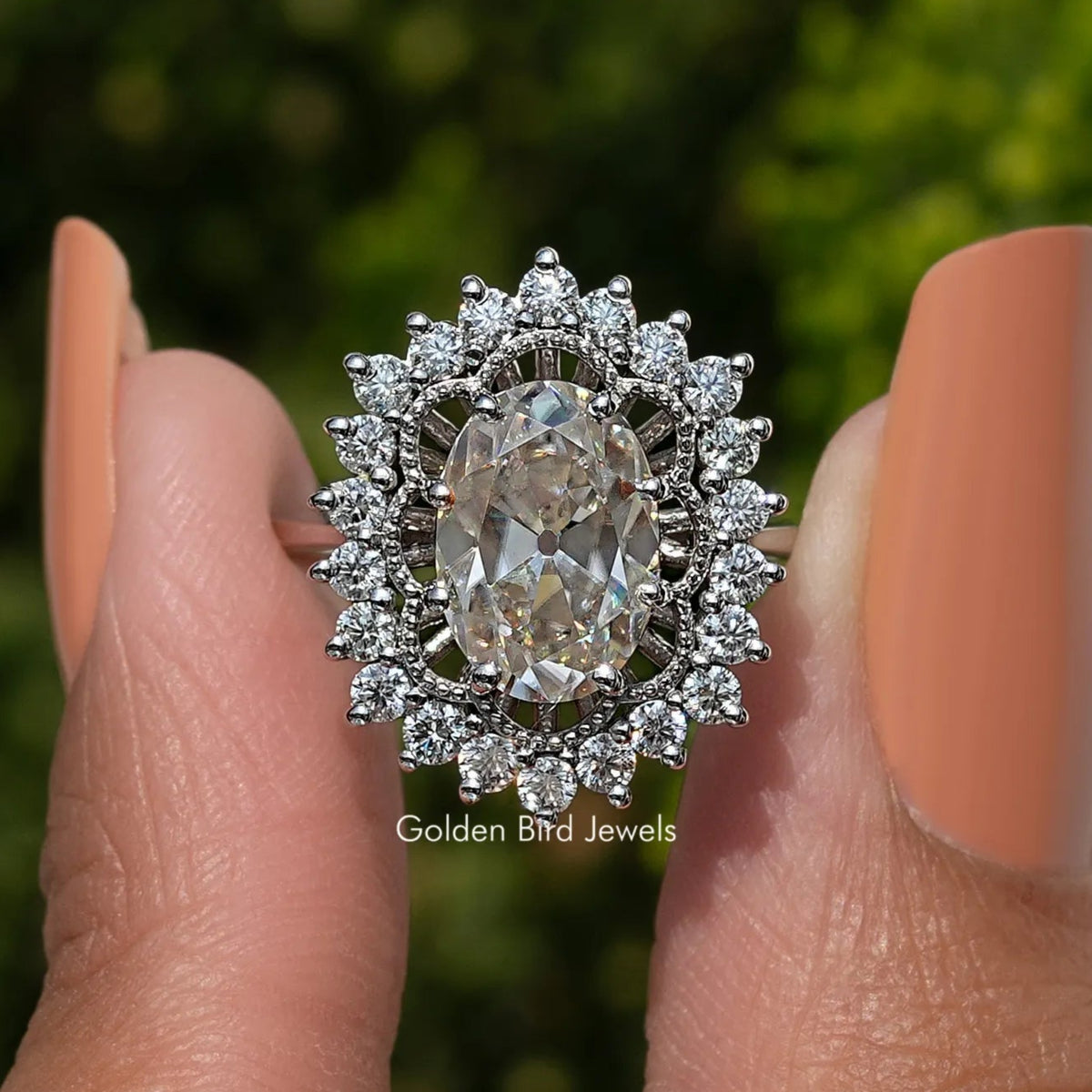 Old Mine Oval Cut Moissanite Halo Ring