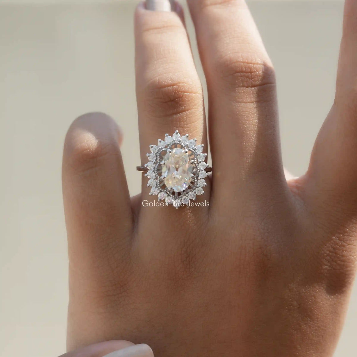 View of Old Mine Oval Cut Moissanite Vintage Ring In Finger