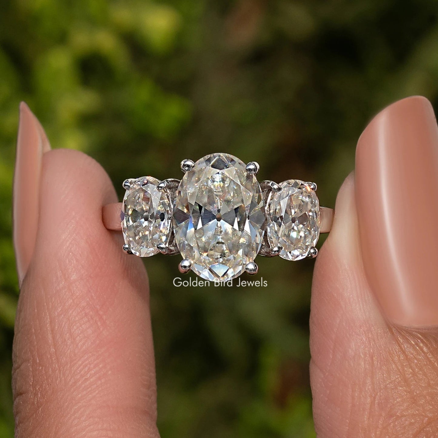 Old Mine Oval Cut Three Stone Engagement Ring
