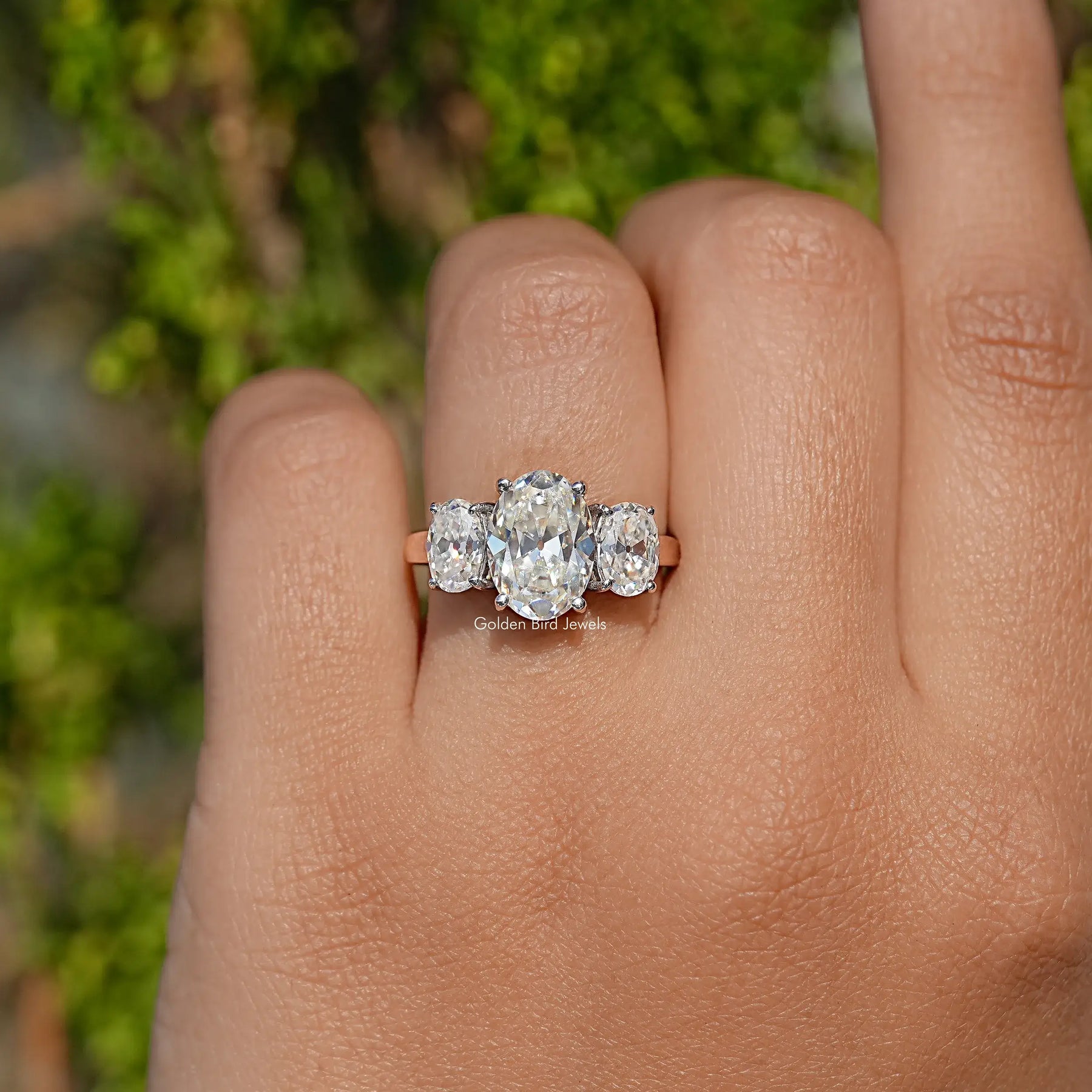 Old Mine Oval Cut Three Stone Engagement Ring