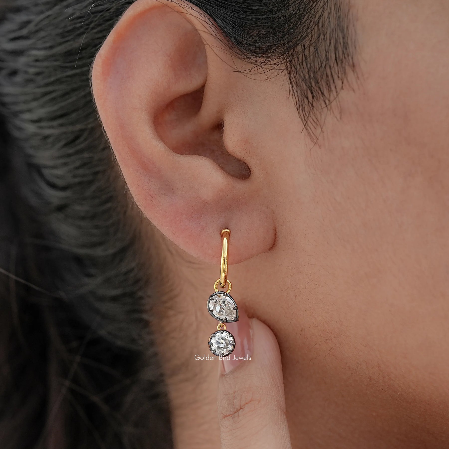 Old Mine Pear And Round Moissanite Dangle Hoop Earrings