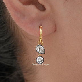 Old Mine Pear And Round Moissanite Dangle Hoop Earrings