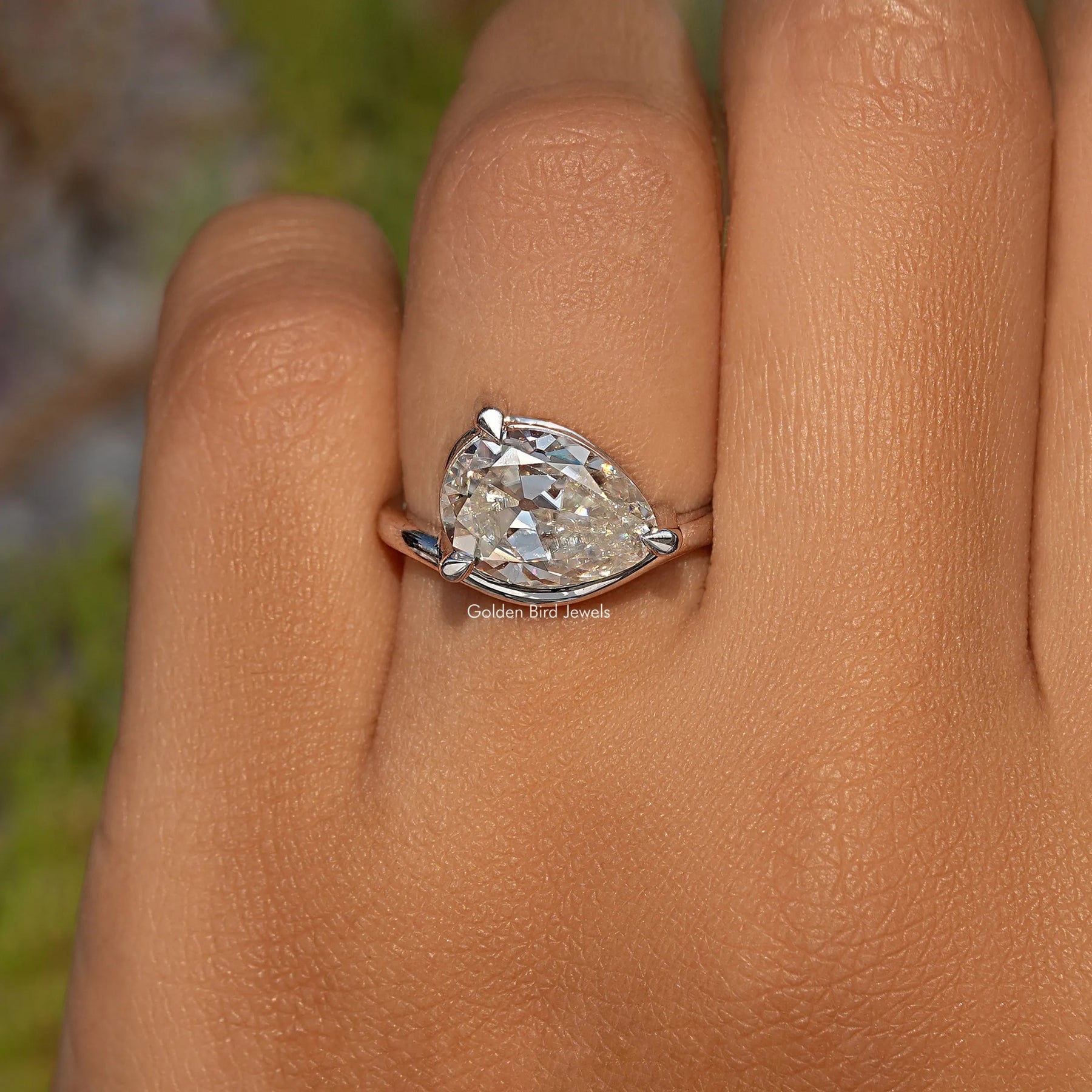 Old Mine Pear Curved Band Solitaire Engagement Ring