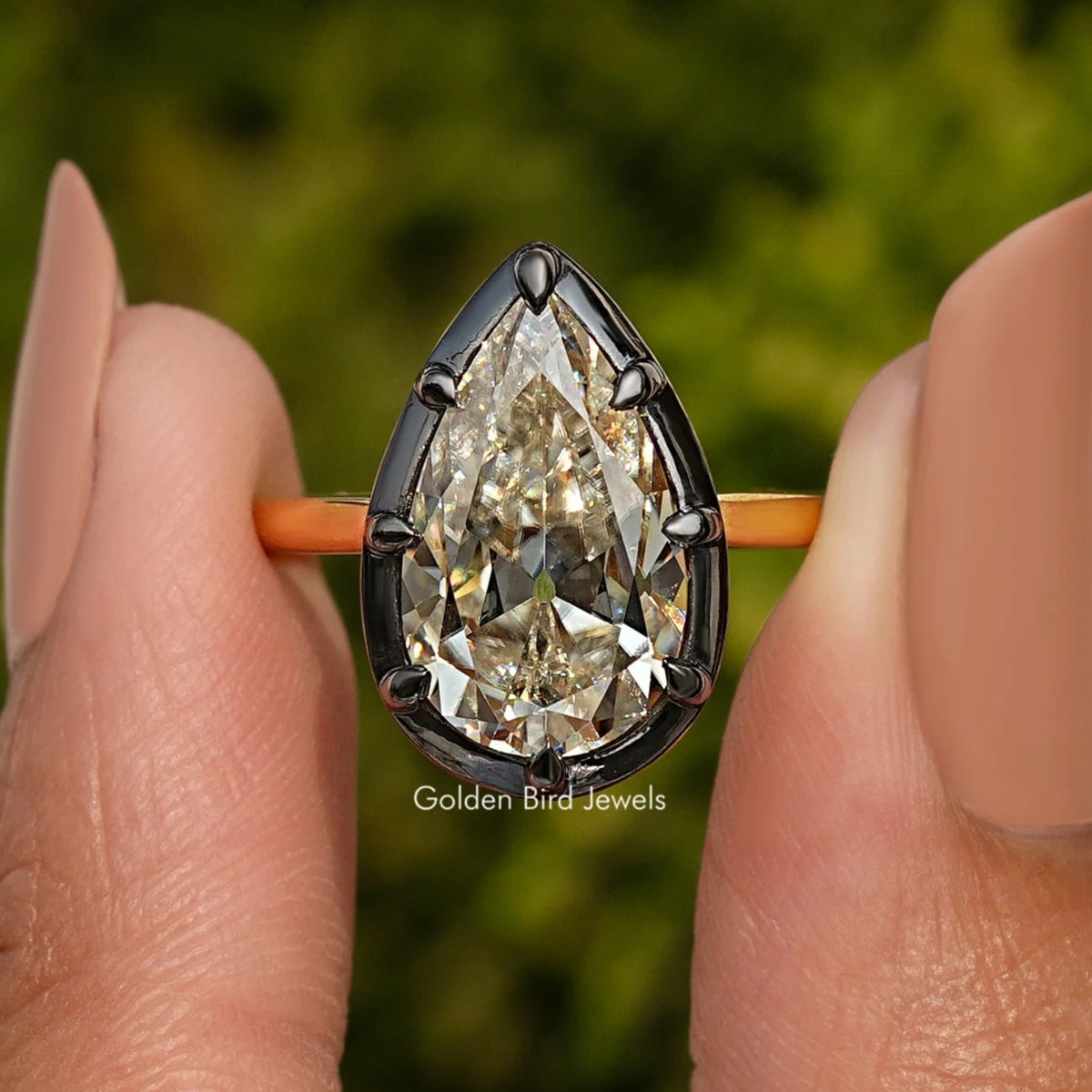 Old Mine Pear Cut Moissanite Bezel Set Engagement Ring