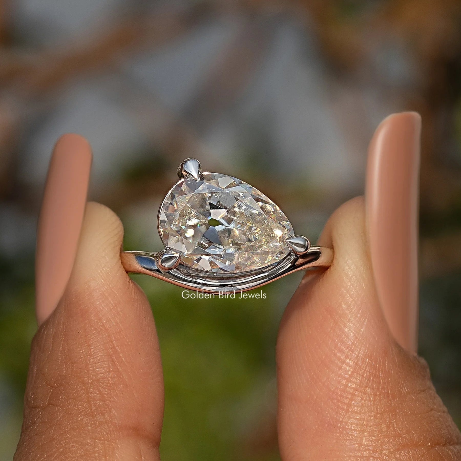 Old Mine Pear Cut Moissanite Carved Solitaire Ring