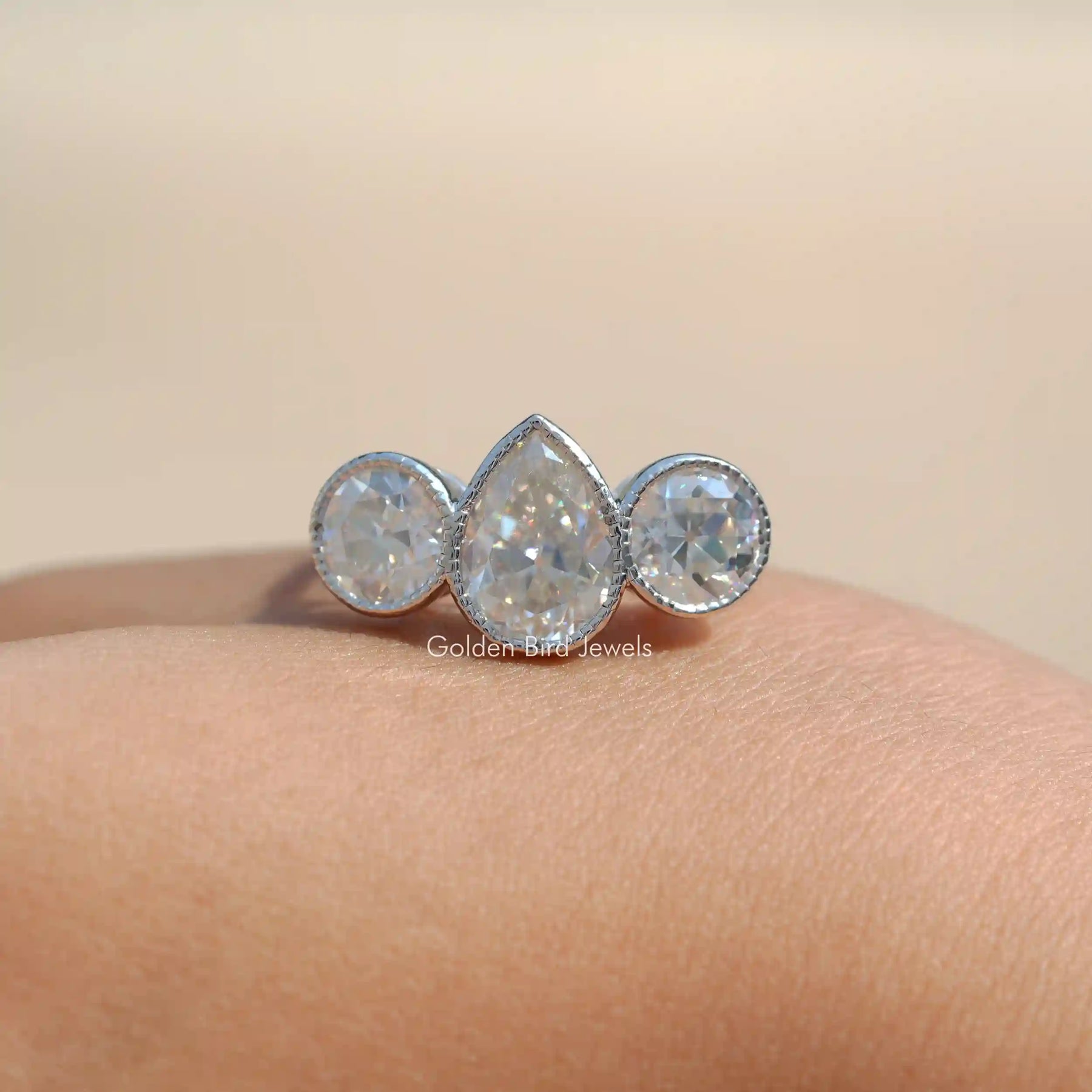 [3 Stone Moissanite Old Mine Pear Cut Ring]-[Golden Bird Jewels]