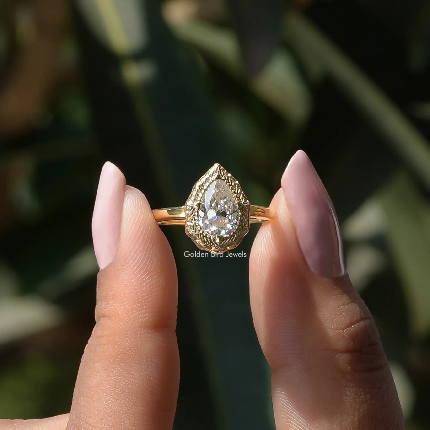 [Old Mine Pear Milgrain Moissanite Solitaire Ring By]-[Golden Bird Jewels]