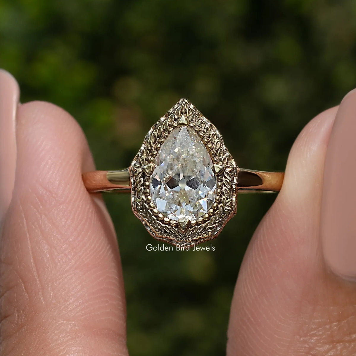 Old Mine Pear Shaped Moissanite Solitaire Ring
