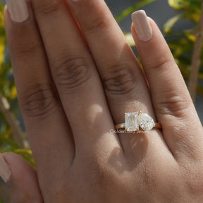 Detailed View Of Pear and Criss Cut Moissanite Toi Et Moi Ring In Yellow Gold