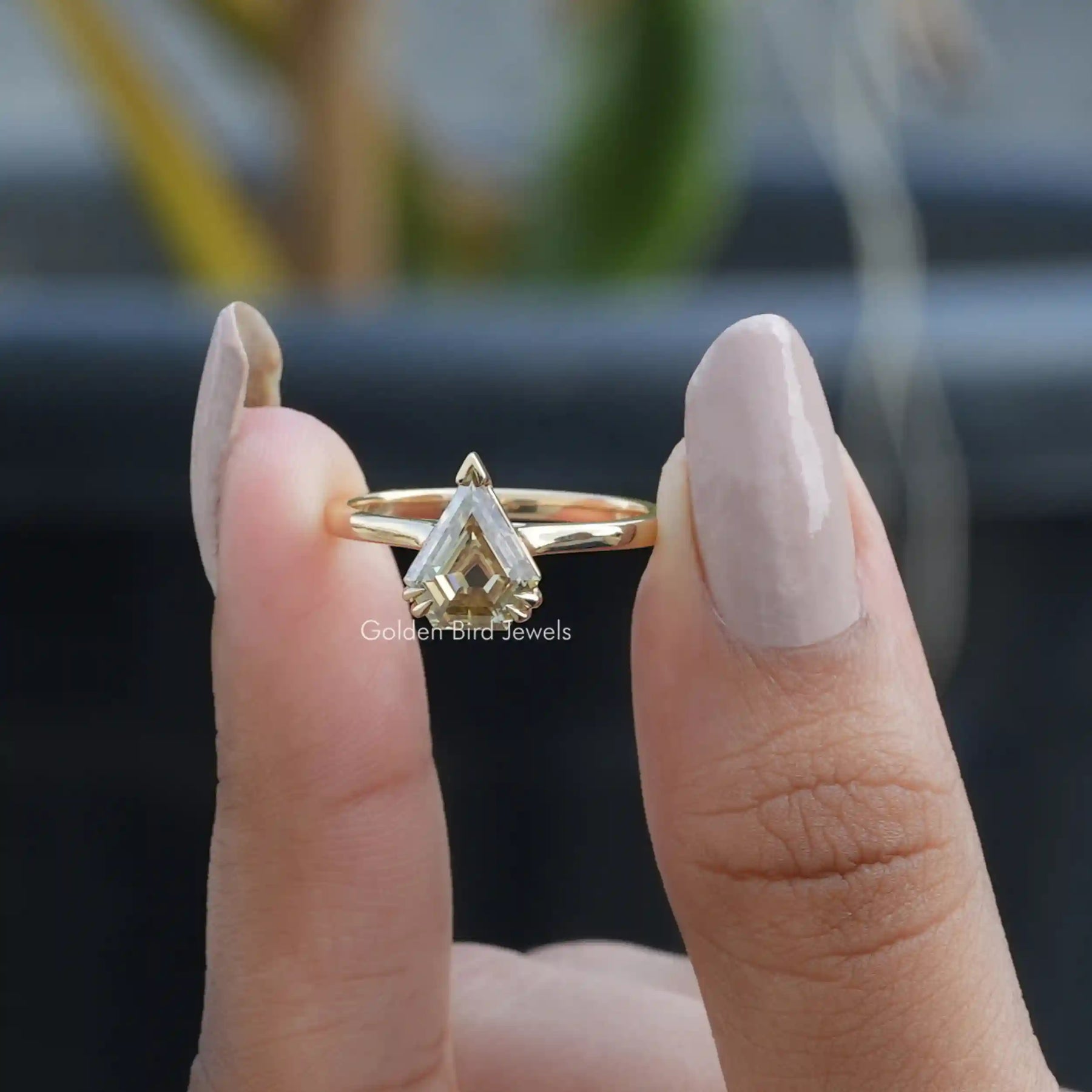 Front View of Old Mine Triangle Cut Moissanite Ring In two Fingers