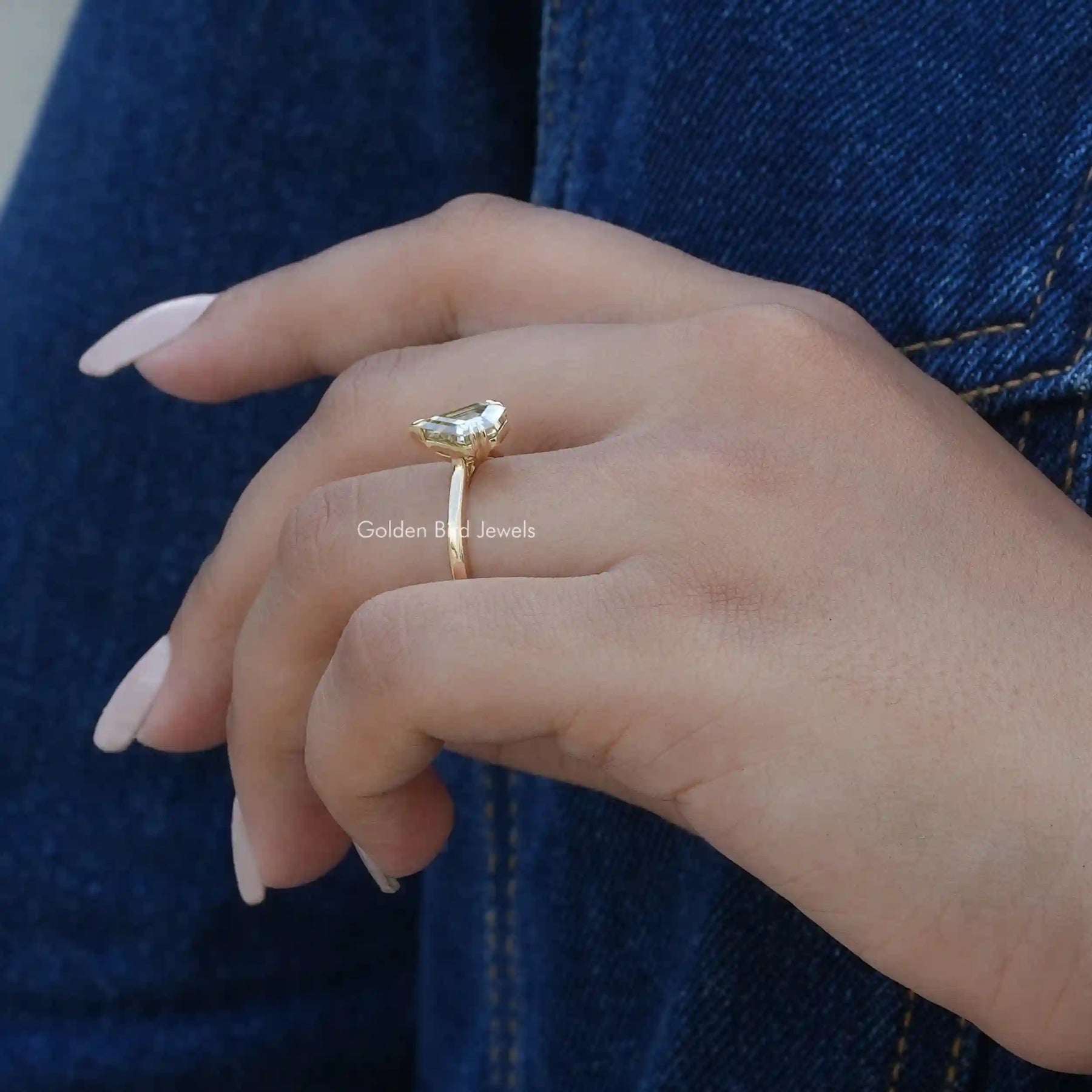 [In finger side view of old mine pentagon cut solitaire ring]-[Golden Bird Jewels]