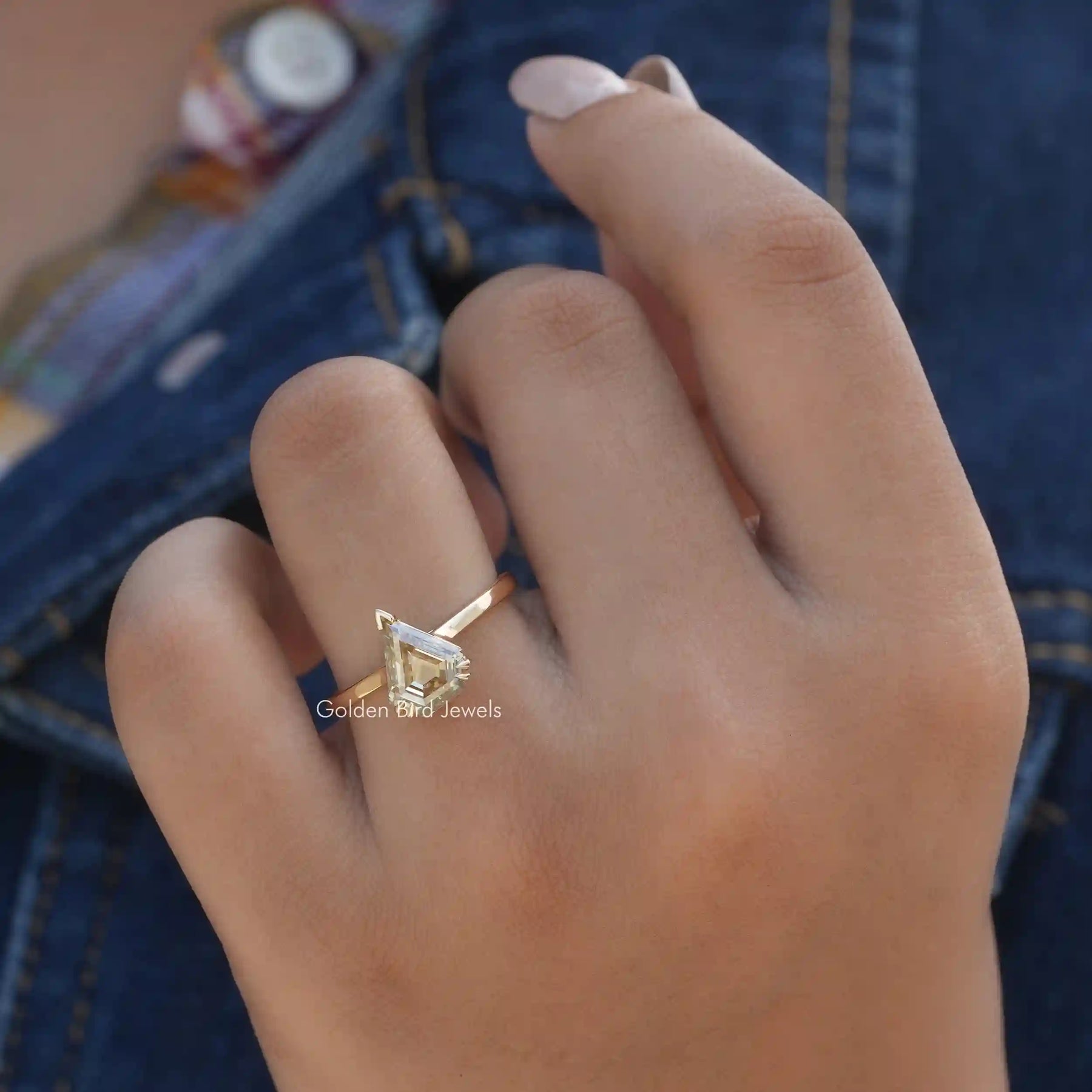 View of Old Mine Pentagon Cut Solitaire Ring In Finger