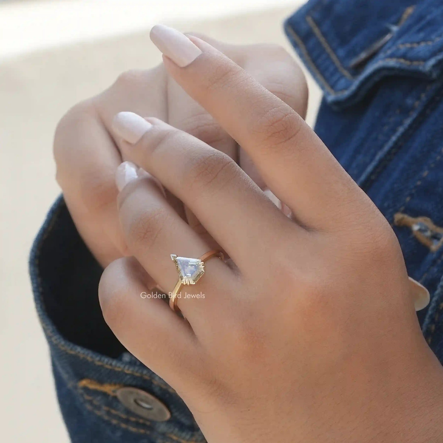 View of Old Mine Pentagon Cut Ring In Finger