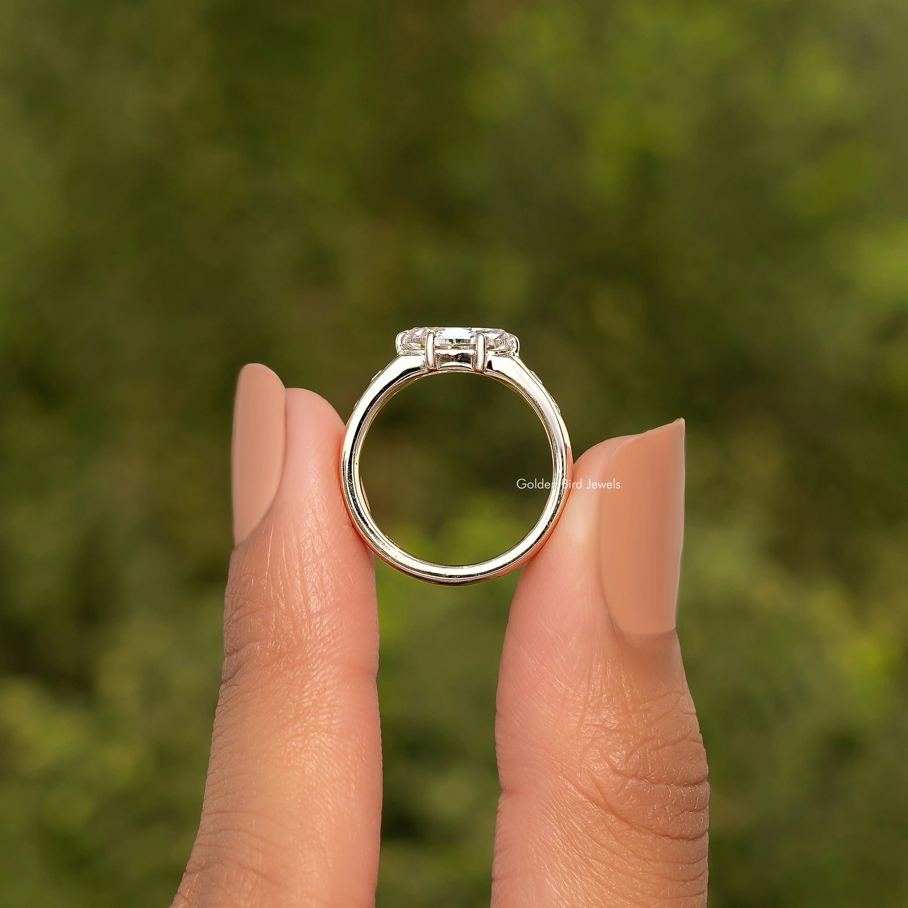 East West Set Old Moval Cut Moissanite Accent  Ring