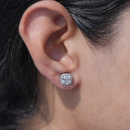 Close Up View of Old Cushion Cut Halo Earrings In White Gold 