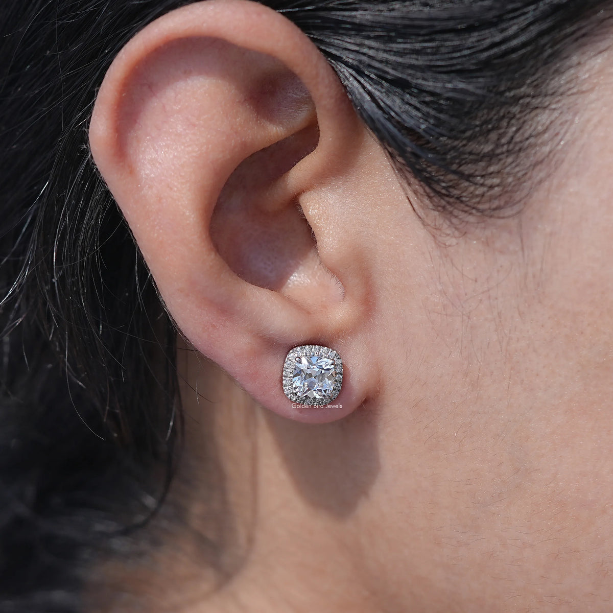 Close Up View of Old Cushion Cut Halo Earrings In White Gold 
