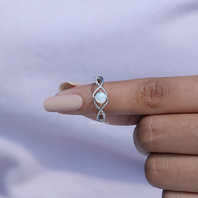 In finger front View of Opal Round Cut Gemstone White Gold Ring