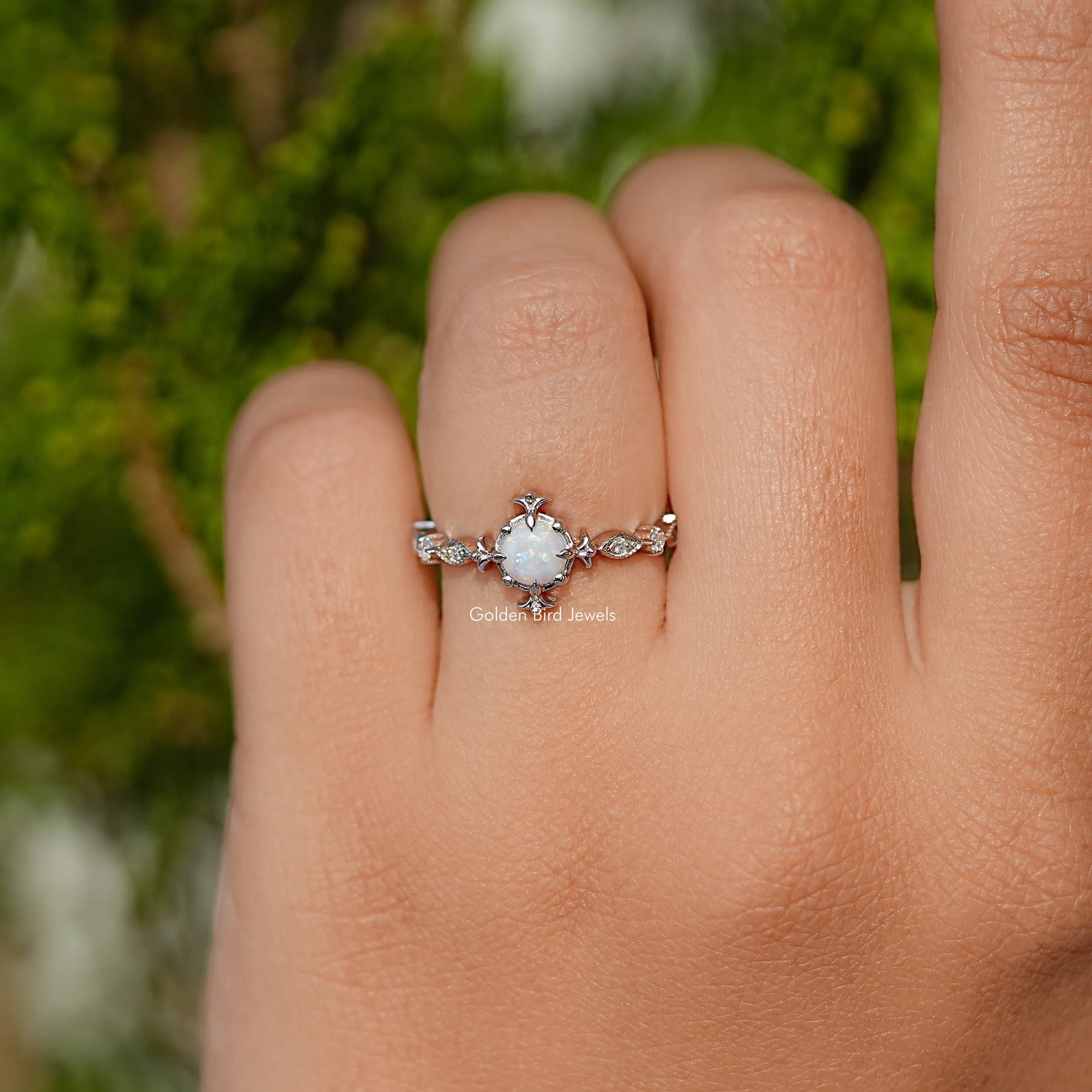 Opal Round Gemstone Accent Set Engagement Ring