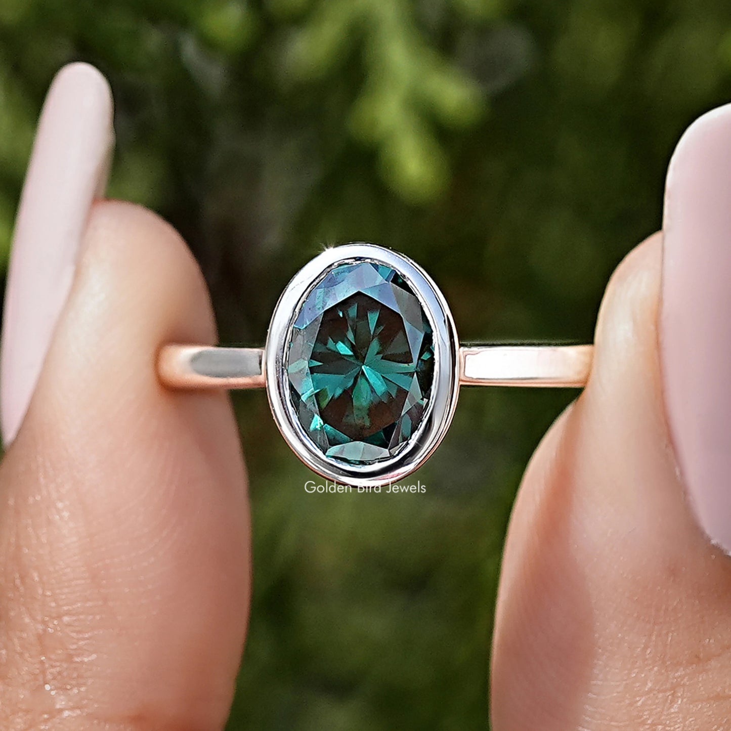 Oval Moissanite Diamond Bezel Set Wedding Ring