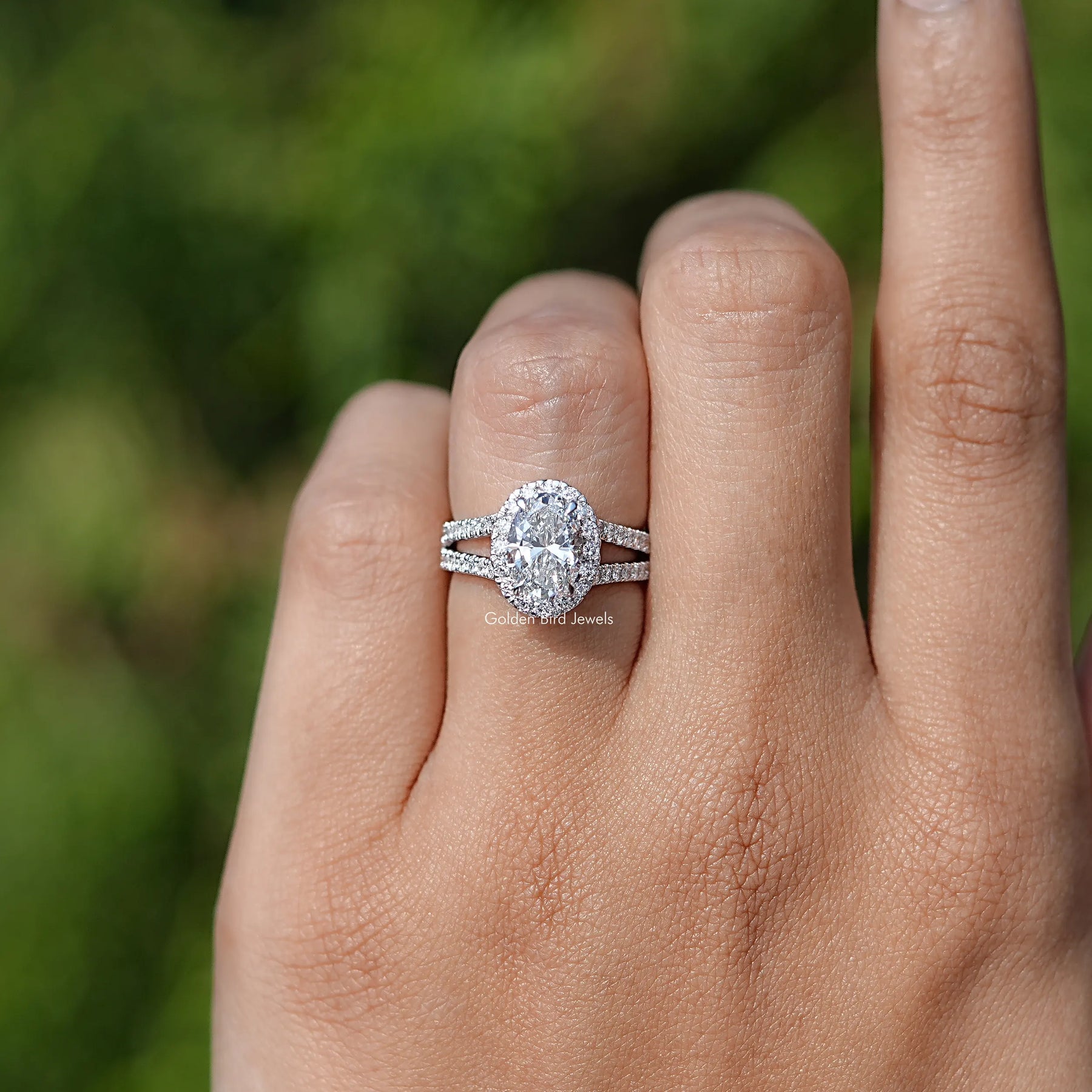 Oval Cut Halo Diamond Split Shank Engagement Ring